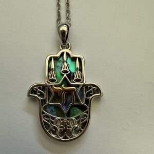 Silver and gold Hamsa Chai abalone Pendant necklace